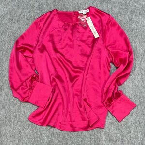 NWT She + Sky Hot Pink Satin Long Sleeve Blouse Crew Neck Large